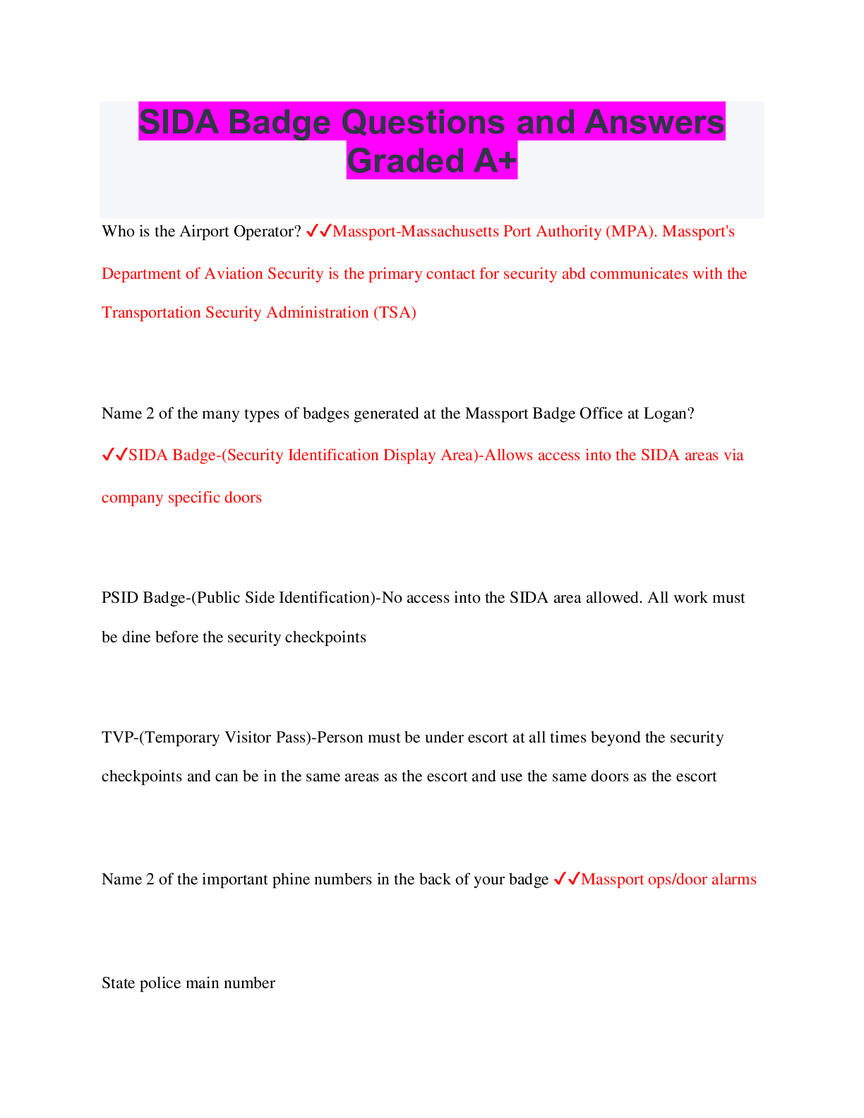 Preview of SIDA Badge Questions and Answers Graded A+